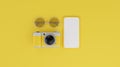 White screen mobile mockup, camera and sunglasses over yellow background travel concept. 3d rendering