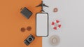 White screen mobile mockup, swimming rubber ring, airplane, hat, suitcase, camera and sunglasses over orange background travel