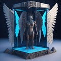 A white sculpture with intricately detailed wings illuminated by bright lights and a blue light Royalty Free Stock Photo