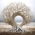 White Sculpture With Roots: Land Art Tree Carving On Beach