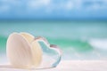 White sea shell with heart glass on beach and sea blue backgrou Royalty Free Stock Photo