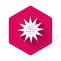 White Sea urchin icon isolated with long shadow. Pink hexagon button. Vector.