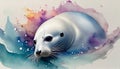 white seal portrait with watercolors