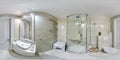 white seamless 360 hdri panorama in interior of expensive bathroom in modern flat apartments with washbasin in equirectangular