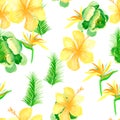 White Seamless Leaf. Green Pattern Foliage. Yellow Tropical Textile. Golden Flower Textile. Organic Floral Exotic. Royalty Free Stock Photo