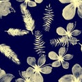 White Seamless Plant. Navy Pattern Palm. Gray Tropical Art. Indigo Flower Palm. Blue Drawing Leaves.