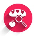 White Searching for food icon isolated with long shadow background. Homelessness and poverty concept. Red circle button