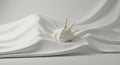 A white seashell with multiple pointed spires rests on a smooth, undulating white fabric Royalty Free Stock Photo