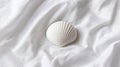 A white seashell rests on a white fabric. Royalty Free Stock Photo