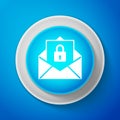 White Secure mail icon isolated on blue background. Mailing envelope locked with padlock. Circle blue button with white