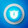 White Secure shield with lightning icon isolated on blue background. Circle blue button with white line