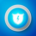 White Secure shield with lightning icon isolated on blue background. Circle blue button with white line. Vector