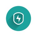 White Secure shield with lightning icon isolated with long shadow. Security, safety, protection, privacy concept. Green