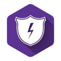 White Secure shield with lightning icon isolated with long shadow. Security, safety, protection, privacy concept. Purple