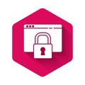 White Secure your site with HTTPS, SSL icon isolated with long shadow. Internet communication protocol. Pink hexagon