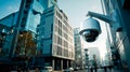 A security camera mounted on the side of a building in a city Royalty Free Stock Photo