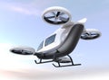 White self-driving passenger drone flying in the sky Royalty Free Stock Photo