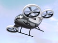 White self-driving passenger drone flying in the sky