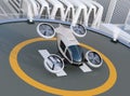 White self-driving passenger drone takeoff and landing on the helipad