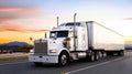 White Semi Truck Speeding Sunset Highway A white semitruck speeds down a highway at sunset symbolizing freedom transportation