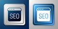 White SEO optimization icon isolated on blue and grey background. Silver and blue square button. Vector Royalty Free Stock Photo