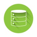 White Server, Data, Web Hosting icon isolated with long shadow background. Green circle button. Vector Royalty Free Stock Photo