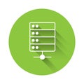 White Server, Data, Web Hosting icon isolated with long shadow background. Green circle button. Vector Royalty Free Stock Photo