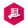 White Server, Data, Web Hosting icon isolated with long shadow. Pink hexagon button. Vector Illustration