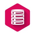 White Server, Data, Web Hosting icon isolated with long shadow. Pink hexagon button. Vector Royalty Free Stock Photo