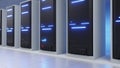 White server room of a data center or ISP with blue twinkling lights