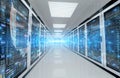 Servers data center room with storage systems and digital graphs and charts 3D rendering Royalty Free Stock Photo