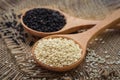 White sesame and black sesame seed on wooden spoon Royalty Free Stock Photo