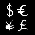 White set of main currency signs. Signs of dollar and yen, euro and pound on black background. Vector illustration Royalty Free Stock Photo