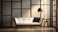 white seventies style sofa in a modern living room . 3D rendering. Vintage style.