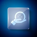 White Sewing button for clothes icon isolated on blue background. Clothing button. Square glass panels. Vector