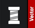 White Sewing thread on spool icon isolated on black background. Yarn spool. Thread bobbin. Vector Illustration. Royalty Free Stock Photo