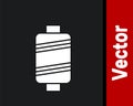 White Sewing thread on spool icon isolated on black background. Yarn spool. Thread bobbin. Vector Illustration Royalty Free Stock Photo
