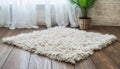 White shaggy carpet on brown wooden floor Royalty Free Stock Photo