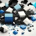 white shards and black diamonds blue sand and blue cubes podium, empty showcase for packaging product presentation AI