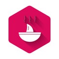 White Shark fin soup icon isolated with long shadow. Pink hexagon button. Vector. Royalty Free Stock Photo