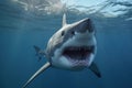 A white shark jumps out of the water and swims toward the camera with open jaws AI generated