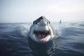 A white shark jumps out of the water and swims toward the camera with open jaws AI generated