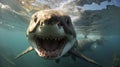 The white shark swims in the ocean in search of food. Danger bite from predator in sea and ocean