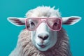 White sheep with a pair of pink eyeglasses isolated on a turquoise background. AI-generated. Royalty Free Stock Photo