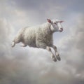 Realistic Sheep In Flight With Clouds Background