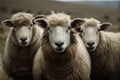 Sheep standing together in a lush green field gazing at the camera, ai-generated Royalty Free Stock Photo