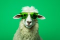 White sheep wearing green sunglasses on green background