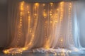 White Sheer Curtains With Warm White String Lights in Indoor Setting Royalty Free Stock Photo