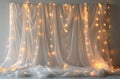 White Sheer Curtains With Warm White String Lights in Indoor Setting Royalty Free Stock Photo