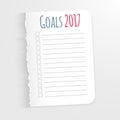 White sheet with inscription Goals 2017. Leaf with a ragged edge to record the completed tasks. Vector illustration on li